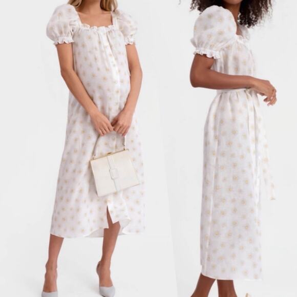 Sleeper Brigette Daisy Print 100% Linen Square Neck Midi Dress XL - Picture 2 of 10